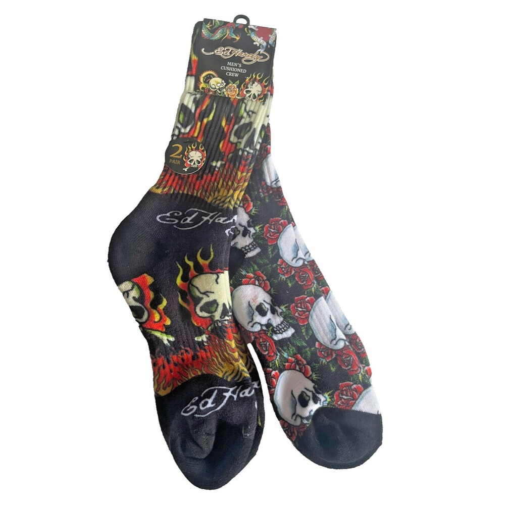 Ed Hardy Mens Cushioned Crew Socks 2 Pair Skulls Roses Flames Sz 6-12 Black